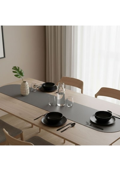 1 Adet Deri Runner-40x140 Cm-deri Masa Örtüsü Gri