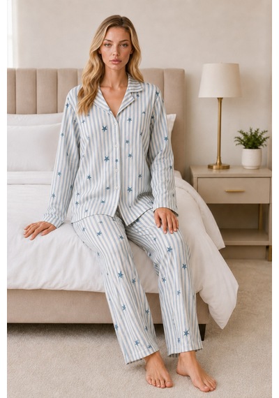 Womanandkids Mavi Kadın Casual Esnek Bol Pijama Takımı 4671