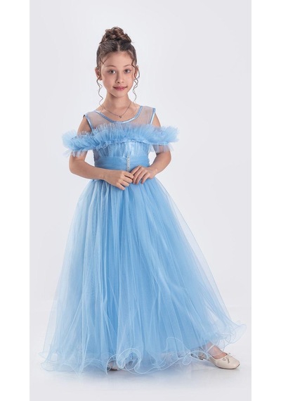 Mnk Baby & Kids Uzun Etek Kız Çocuk Robası Şifon Abiye M00723 Mavi