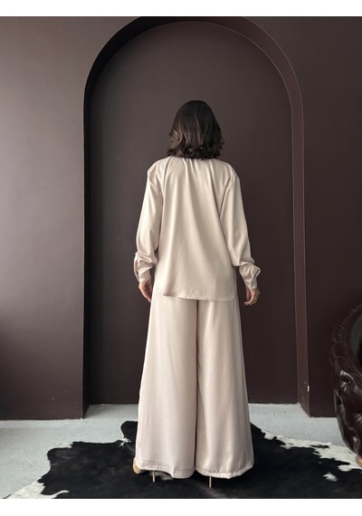 Verymoda Yüksek Bel Bol Paça Saten Pantolon Şık Ve Rahat Tasarım F2052 Taş