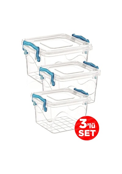 3'lü Kare Kelepçeli Şeffaf Saklama Kabı Seti Kapaklı Saklama Kabı Set 2.4 Lt - 1.2 Lt - 550 Ml Royaleks-82111 Çok Renkli