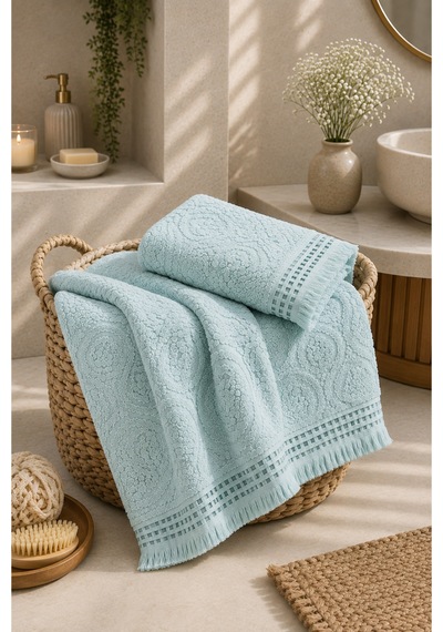 Paisley Desenli Saçaklı 2 Li Baş Ve Banyo Havlusu Seti 50x90 + 90x150 Cm - Buz Mavisi