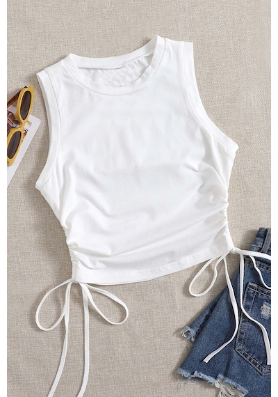 Merry See Yanları Büzgülü Kolsuz Bluz Crop Top Atlet Beyaz