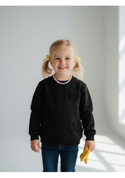 Kız Çocuk Kelebek Desenli Sweatshirt-16229 Siyah