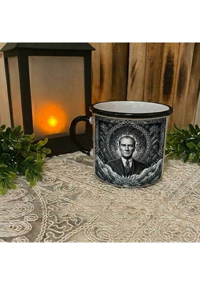 Kişiye Özel Siyah Beyaz Renk Tasarımlı Atatürk Portre Temalı Enamel Kupa Bardak 2 Siyah - Beyaz