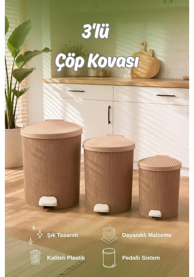 Tr 0709-2 Stil 3lü Yuvarlak Pedallı İçi Kovalı Çöp Kovası Seti - Banyo Mutfak Çöp Kovası Takımı Mokka Diğer