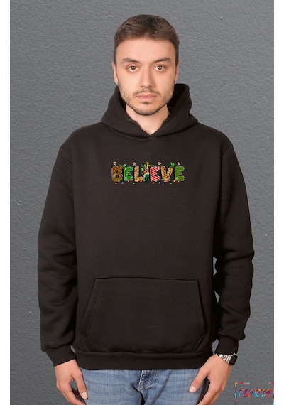 Bumeta Believe Christmas Yılbaşı Baskılı Sweatshirt Unisex Kapüşonlu Hoodie Siyah