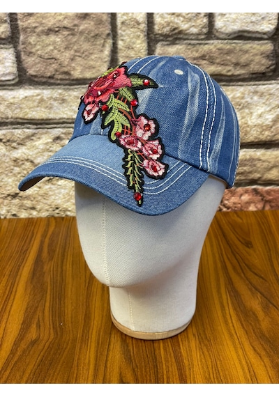 Hamze Jean Kot Denim İndigo Kumaş Taşlı Gül Desenli Beyzbol Cap Şapka Açık İndigo