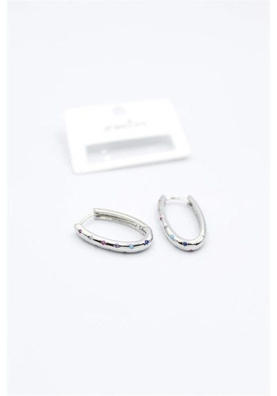 Oval Taşlı Küpe - Gümüş Çok Renkli