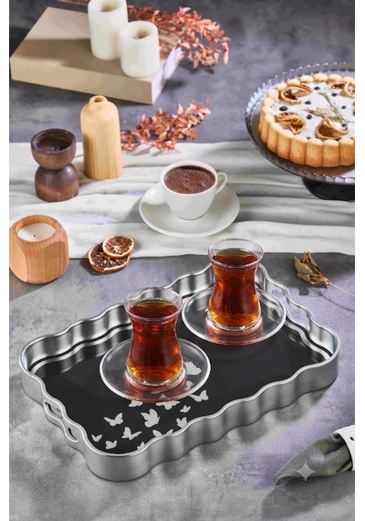 Dijital Baskılı Cam Servis Tepsisi Kelebek Motifli, 40x28 Cm Siyah