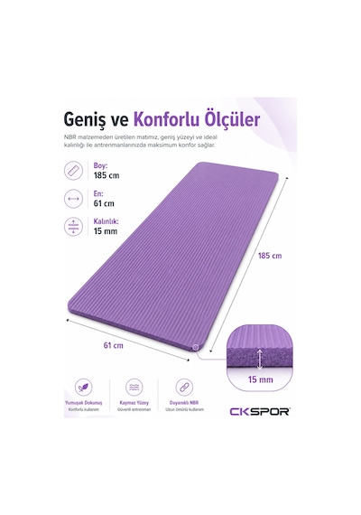 Ckspor 15 Mm Kaymaz Nbr Pilates Matı Taşıma Askılı Yoga Veegzerisiz Minderi Mor