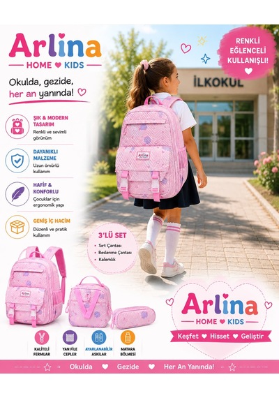 Kore Model 3 Lü Set Su Geçirmez Kız Çocuk Çantası Pembe Çanta-beslenme-kalemlik Seti