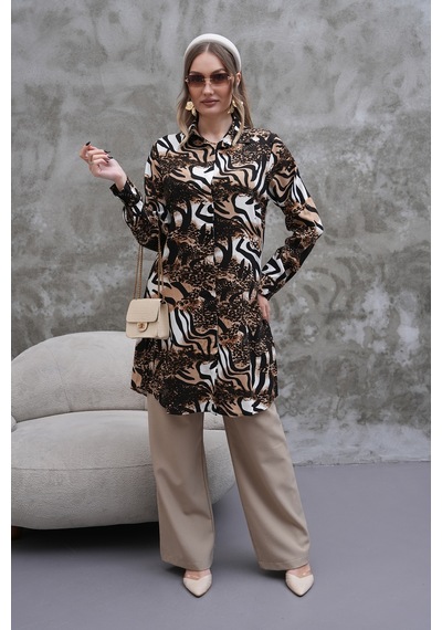 Polologin Butik Leopar Desenli Gömlek Tunik Kahverengi & Siyah & Beyaz Polologin Butik Leopar Desenli Gömlek Tunik Kahverengi & Siyah & Beyaz