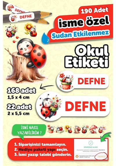 Okul Etiketi Kalem Defter İsimli Etiket Isim Yazılabilen Uğurböceği - 190 Adet Özel Tasarım Etiket Çok Renkli