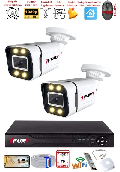 Fury 2 Kameralı 1080p Görüntü Gece Renkli Full Hd 4 X Ultra Led Gece Renkli Güvenlik Kamerası Seti 1 Tb