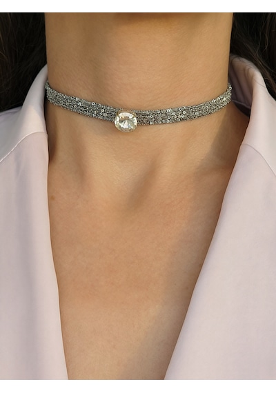 Kordon Zincir Örme Kristal Taşlı El Yapımı Choker Tasma Şeffaf Silver Renk Kolye Şefffaf