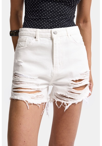 it's basic Kadın Kırık Beyaz 15s6-101 Mini Boy Yüksek Bel Yırtık Detaylı Püsküllü %100 Koton Denim Şort