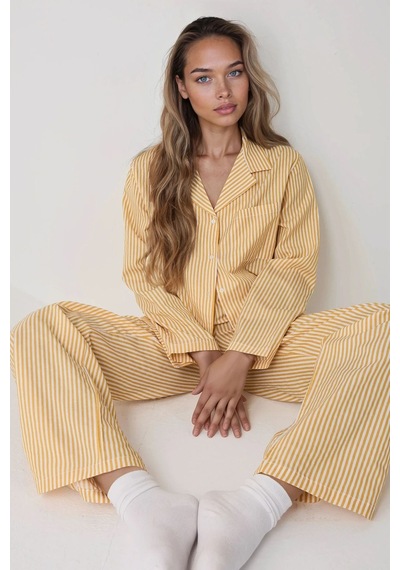 Hiccup Çizgili Pamuklu Pijama Takımı Limon Sarısı