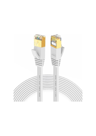 Cat7 Ethernet Kablosu 10 Metre - 10gbps Ye Kadar Veri Aktarımı - Fabrikasyon Rj45 Konnektörlü - Yassı Flat Tasarım - 600mhz - Beyaz