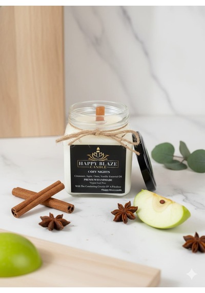 Cozy Nights Tarçın & Vanilya Kokulu El Yapımı Doğal Soya Mumu Happy Blaze Candle Beyaz