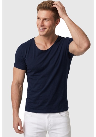 Deepsea Erkek Lacivert Geniş Yaka Likralı Tişört Oval Yaka Slim Fit Eteği Oval Açık Yaka T-shirt 1801199 Lacivert