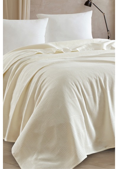 Eponj Home Battal Boy %100 Pamuk Pike Örtü 230x240cm Karo Desenli Krem Weave Serisi Krem