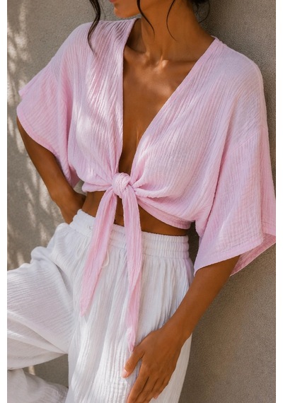Bbbutikbasic Kadın Müslin Bağlamalı Bolero Bluz Oversize Salaş Yazlık Kimono Hırka My3535 Pembe
