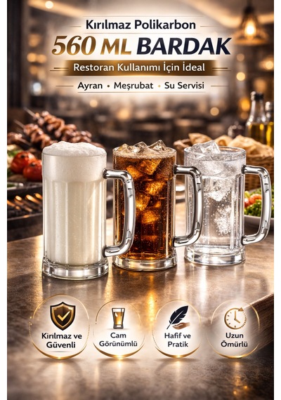 Polikarbon Kırılmaz 6 Adet 560 Ml Kulplu Bardak Ayran Bardağı Meşrubat Ve Su İçin Uygun Şeffaf