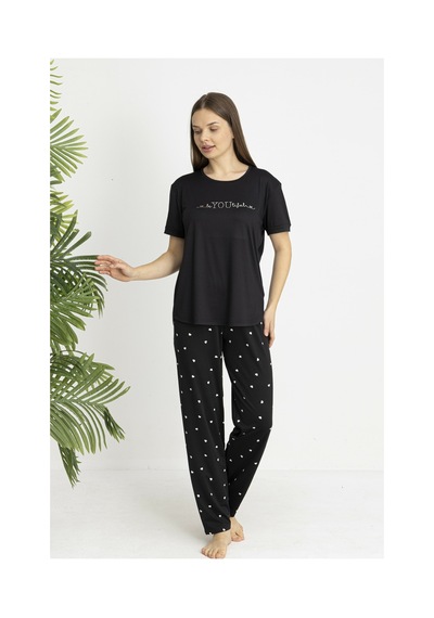 Estiva Kadın Kalp Alt Desenli Kısa Kollu Soft Pijama Takımı Siyah