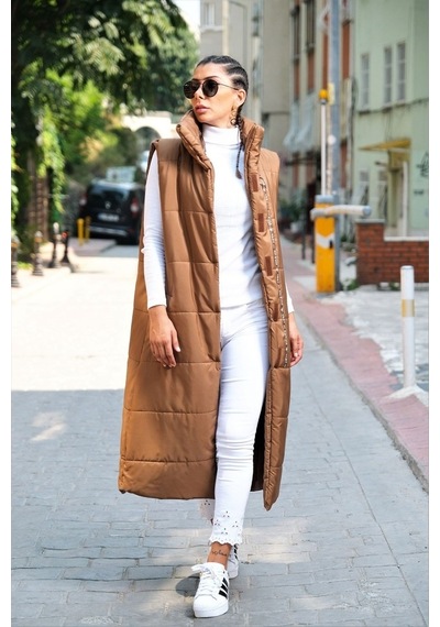 Keyifli Moda Kadın Kahverengi Dik Yaka Şerit Detaylı Cepli Uzun Şişme Yelek