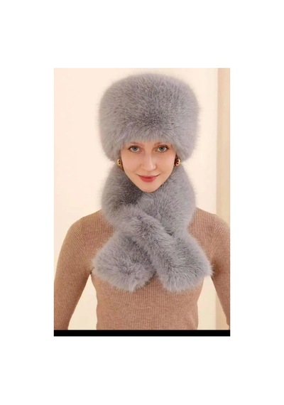 Emybox Son Trend Kışlık Eskimo Rus Slav Tarzı Suni Kürk Peluş Kalpak Atkı Takım Tüylenmez Gri