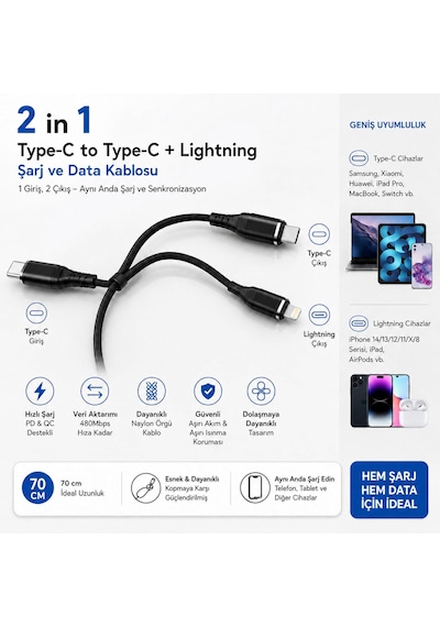 2 Si 1 Arada Type-c To Type-c + Lightning Hızlı Şarj Ve Data Kablosu 70 Cm Pd & Qc Destekli