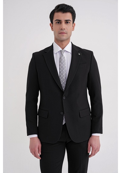 Efor Slim Fit Çift Yırtmaç Gofre Kumaş Esnek Siyah Spor Takım Elbise Tk 940 Siyah