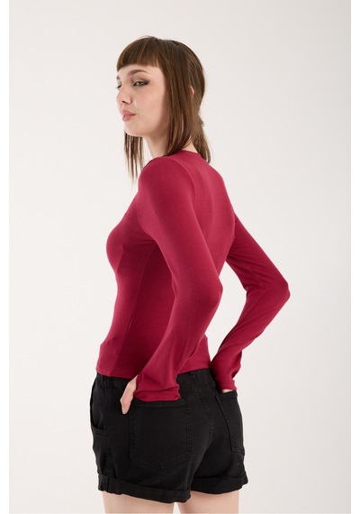 Gugus Kadın Modal/viskon Kumaş Bisiklet Yaka Parmak Geçirmeli Body Bordo