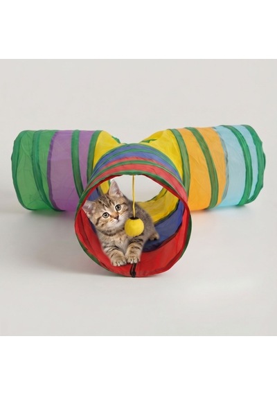 T-model Kedi Oyun Tüneli 3 Yollu Katlanabilir Pencereli Ponpon Oyuncaklı Kedi Tüneli 80x50 Cm