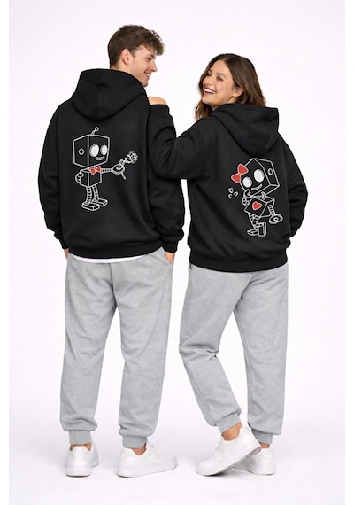 Robot Baskılı Sevgili Kombini Oversize Hoodie Seti Kadın Erkek Un Siyah