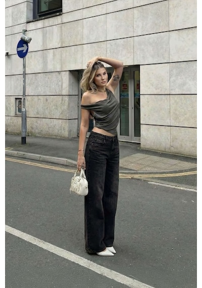 Kadın Yüksek Bel Wide Leg Jean Pantolon Antrasit