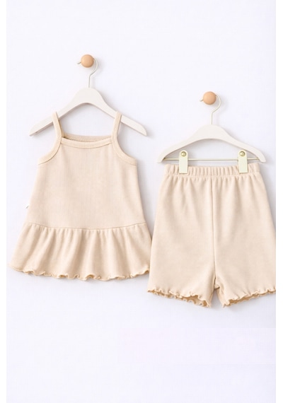 For My Baby Fitilli Kumaş 2 Li Kız Bebek Takım Şortlu Yazlık Bej