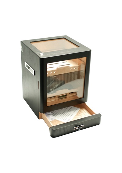 Premiumquality Sucre Aksesuar Çekmeceli İçi Ledli Siyah Sedir Humidor Puro Kutusu - Tr9650