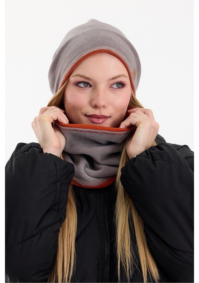 Butikgiz Kadın Dış Kısım Polar, İç Kısım Kaşkorse Pamuklu, Çift Renk, Çift Kat, Katlanabilir Bere Boyunluk Set Gri-kiremit