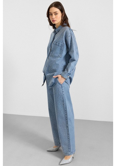 Olcay Taş Bezeli Ceket Pantolon Denim İkili Takım Açık Mavi 9387-tk