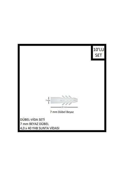 Dübel-vida Seti, Beyaz Dübel 7 Mm, 4,0x40 Yhb Sunta Vidası, 10 Adet