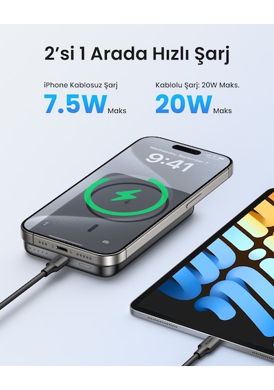 Ugreen 10.000 Mah 20w Magsafe Wireless Kablosuz Hızlı Powerbank, Siyah, 25919