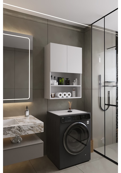 Deniz Modern Banyo Dolabı 2 Kapaklı Raflı Düzenleyici Çok Amaçlı Beyaz
