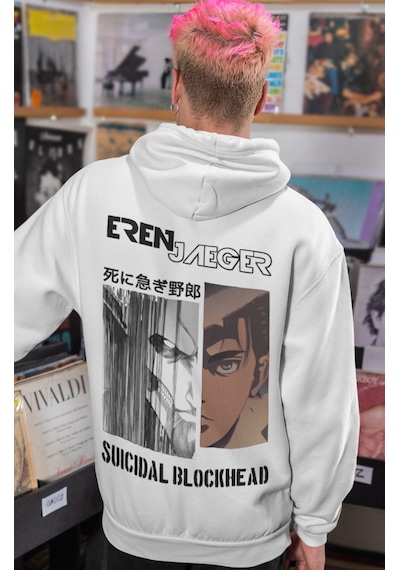 Sevbano Eren Jaeger Attack On Titan Suicidal Blockhead Anime Sırt Baskılı beyaz