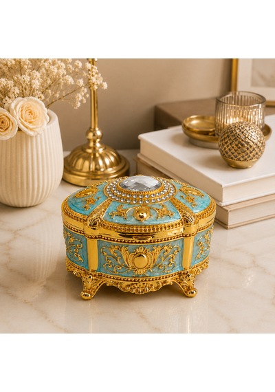 Kristal Taşlı Oval Mücevher Kutusu Kadife İç Kaplamalı Gold İşlemeli Takı Kutusu Dekoratif Saklama Kutusu Turkuaz