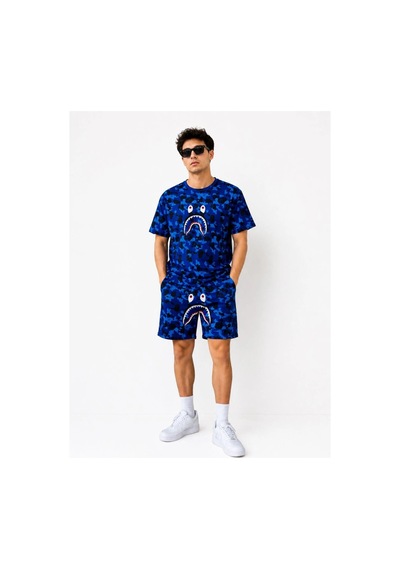 Butik İstanbul Erkek Oversize Kalıp Pubg Bape X Shark Nakışlı Cepli Şort Takım - Mavi