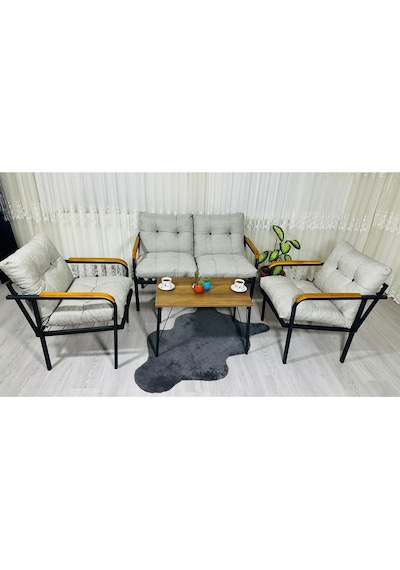 Madame Home Kaktüs Balkon, Bahçe,teras,cafe - Salon - Metal Kanepe Koltuk Takımı - 2 1 1 Sehpa Açık Gri