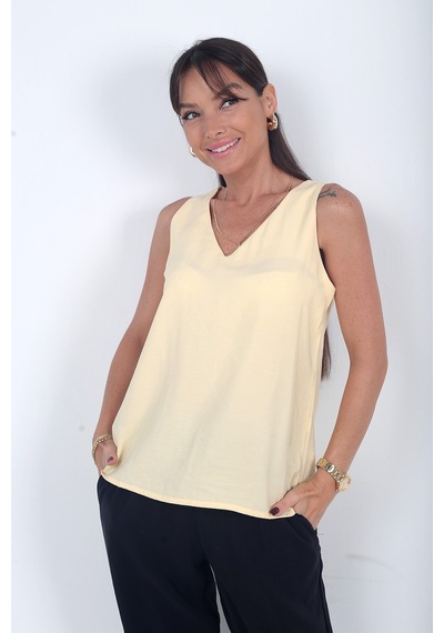 By Saygı Kadın V Yaka Pervazlı İtalyan Cotton Lyocell Bluz Sarı By Saygı Kadın V Yaka Pervazlı İtalyan Cotton Lyocell Bluz Sarı