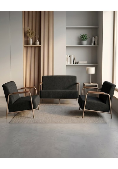 Atlas 2+1+1 Dokuma Kumaş Ofis Cafe Bekleme Koltuk Takımı Cappuccino Metal Siyah